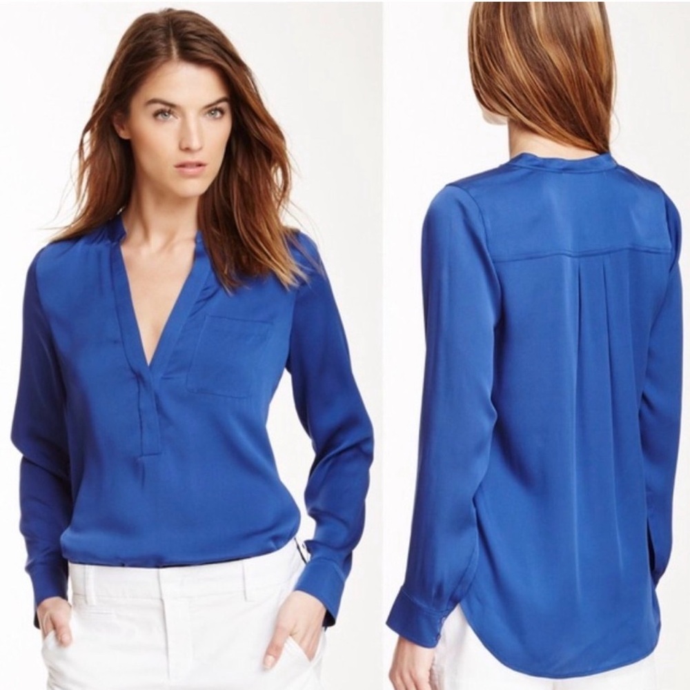 Vince Half-Placket Stretch Silk V-Neck Blouse Blue Size 6 High-Low Hem